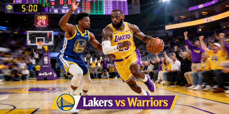 NBA湖人队对阵勇士队直播画面 - 詹姆斯持球突破